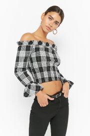 PLAID OFF-THE-SHOULDER CROP TOP at Forever 21