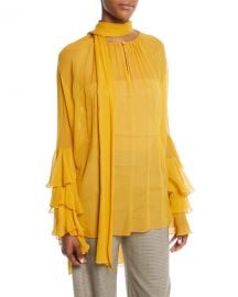 PRABAL GURUNG TIE-NECK TIERED-SLEEVE SILK GEORGETTE BLOUSE at Bergdorf Goodman