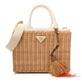 PRADA Canvas Wicker Shoulder Bag White Tan 1501877 FASHIONPHILE at Fashionphile