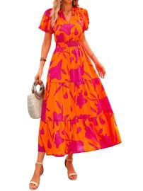 PRETTYGARDEN Summer Maxi Dress for Women Casual Wear To Work V Neck Puff Short Sleeve Smocked Ruffle Flowy Beach Boho Long Floral Dress - Walmart.com at Walmart