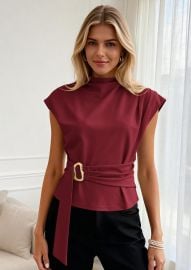 PRETTYGARDEN Women Blouses Spring Dressy Cap Sleeve Mock Neck Work Shi at Pretty Garden