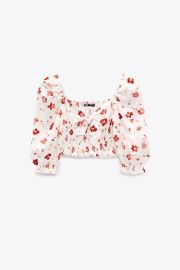 PRINTED LINEN BLEND TOP - White  Red   United States at Zara