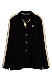 Palm Angels Monogram Linen Button Up Polo Track Shirt in Black Off at Nordstrom