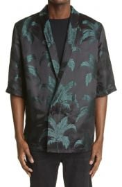 Palm Jacquard Satin Short Sleeve Double Breasted Shirt at Nordstrom