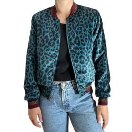 Pam ampamp Gela Womens Reversible Leopard Crushed Teal Velvet Zip Bomber Jacket Sz S eBay at eBay