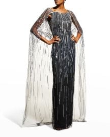 Pamella Roland Beaded Cape Gown at Neiman Marcus