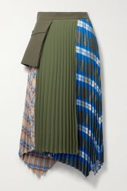 Paneled asymmetric checked twill, crepe and cotton-canvas skirt at Net a Porter