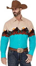 Panhandle Men39s Turquoise Scenic Border Print Long Sleeve Snap Western Shirt Turquoise Large at Mens Clothing store at Amazon