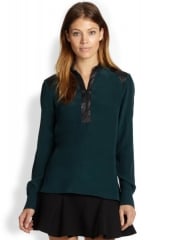 Parker - Leather-Trimmed Silk Georgette Blouse in everglade at Saks Fifth Avenue