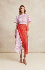 Pearl by Lela Rose Geometric Lace Asymmetrical Midi Dress at Pearl NYC