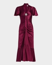 Peeta Crystal Brooch-Embellished Satin Cocktail Dress at Neiman Marcus