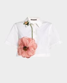 Peony Embroidered Crop Button-Down Shirt at Neiman Marcus