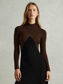 Petite Colourblock Ribbed Midi Dress in ChocolateBlack REISS USA at Reiss