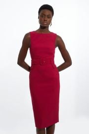 Petite Compact Stretch Belted Tailored Midi Pencil Dress at Karen Millen