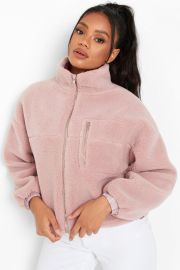 Petite Teddy Fleece Zip Up High Neck Jacket at Boohoo