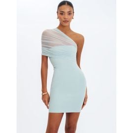 Phoebe Mint One-Shoulder Ruched Mesh Mini Dress at Wolf & Badger