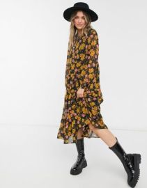 Pieces chiffon midi smock dress in black and mustard floral at ASOS