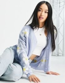 Pieces knitted daisy print cardigan in blue at ASOS