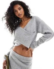 Pieces knitted wrap front sweater in light gray - part of a set at ASOS