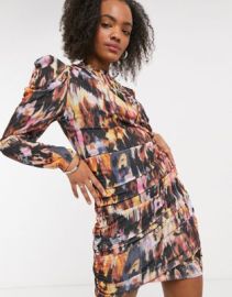 Pieces ruched mini dress with drape detail and puff sleeves in abstract print at ASOS