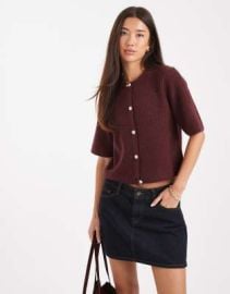 Pieces soft knit short sleeve cardigan in burgundy at ASOS