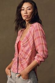 Pilcro Ruched Deep V Plaid Buttondown at Anthropologie