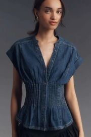 Pilcro Short Sleeve Pleated Corset Blouse at Anthropologie