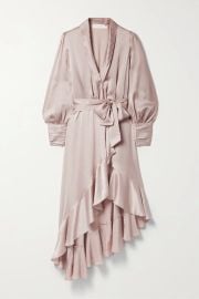 Pink Asymmetric ruffled silk-satin midi wrap dress ZIMMERMANN NET-A-PORTER at Net a Porter