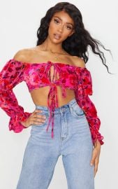  Pink Devore Off Shoulder Long Sleeve Crop Top at Pretty Little Thing