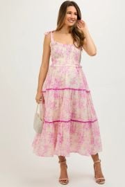 Pink Floral Sleeveless Ruffle Tiered Maternity Midi Dress PinkBlush at Pink Blush
