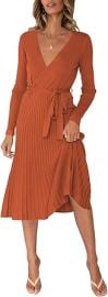 Pink Queen Womens V Neck Sweater Wrap Dress Long Sleeve Elegant Cocktail Pleated Knit Midi Dresses Belted Orange L at Womens Clothing store at Amazon