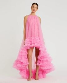 Pink Tulle High Neck Sleeveless Ruffled Hem Hi-Low Gown - Mac Duggal at Mac Duggal
