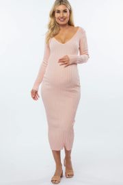 Pink V-Neck Long Sleeve Fitted Maternity Maxi Dress PinkBlush at Pink Blush