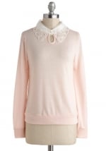 Pink sweater with white lace collar at Modcloth at Modcloth