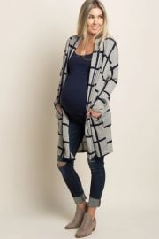 PinkBlush Grey Plaid Long Knit Maternity Cardigan at Pink Blush