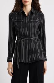 Pinstripe Belted Button-Up Tunic at Nordstrom