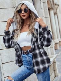 Plaid Print Drawstring Hooded Blouse   USA at Shein