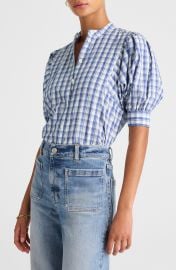 Plaid Puff Sleeve Band Collar Shirt at Nordstrom