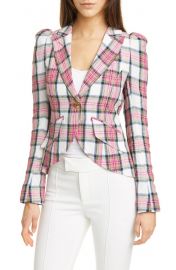 Plaid Puff Sleeve Linen Blazer at Nordstrom