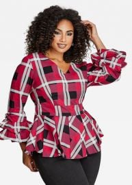 Plaid Ruffle Sleeve Blouse by Ashley Stewart at Ashley Stewart