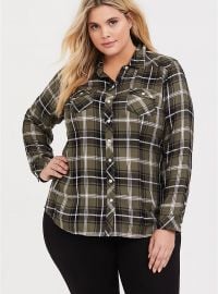 Plaid Twill Button Front Slim Fit Shirt by Torrid at Torrid