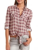 Plaid button down tie front top at Charlotte russe