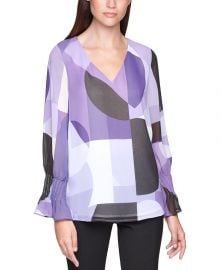 Pleated-Sleeve Abstract-Print Top at Macys