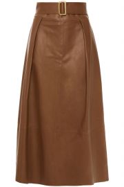 Pleated buckle-embellished leather midi skirt at The Outnet