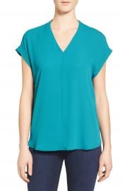 Pleione High Low V-Neck Mixed Media Top  Regular   Petite at Nordstrom