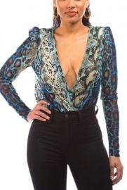 Plunging Neck Line Blue Snake Print Bodysuit- MEDIUM ndash at Baha Ranch Western Wear