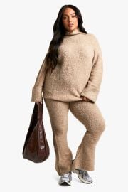 Plus Borg High Neck Cuff Detail Knitted Jumper And Flare Trouser Co-ord at Boohoo