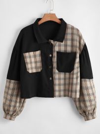 Plus Corduroy Plaid Panel Drop Shoulder Jacket USA at Shein