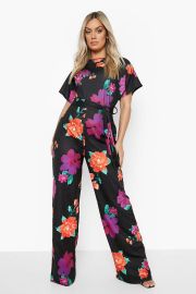 Plus Floral Print Belted Wide Leg Jumpsuit at Boohoo