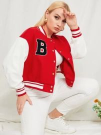 Plus Letter Patch Detail Drop Shoulder Two Tone Varsity Jacket USA at Shein